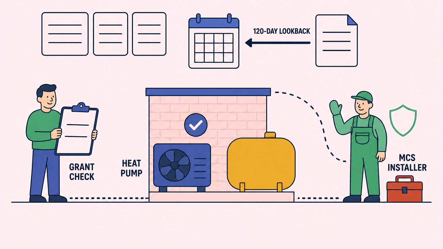 Flat illustration of a homeowner holding a grant checklist beside a house with a wall-mounted heat pump unit and an oil storage tank, an MCS installer waving on the right, and a calendar marked 120-day lookback before a properly made application.
