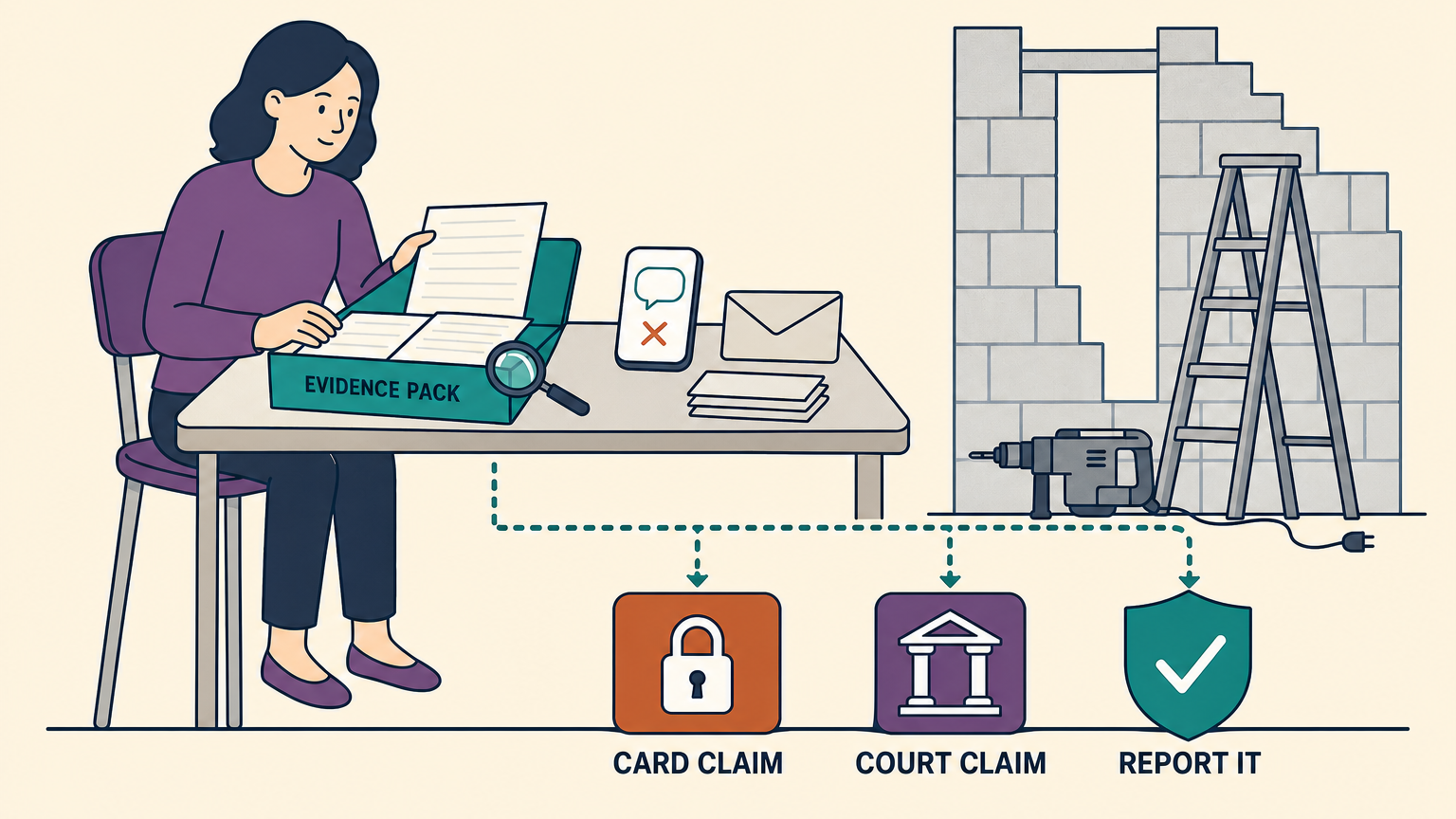 Flat vector illustration of a homeowner at a kitchen table calmly sorting an evidence folder, with a stalled part-built wall, a stepladder and an unplugged power tool behind, and three dotted routes running to a payment card, a small court building and a shield, labelled evidence pack, card claim, court claim and report it.