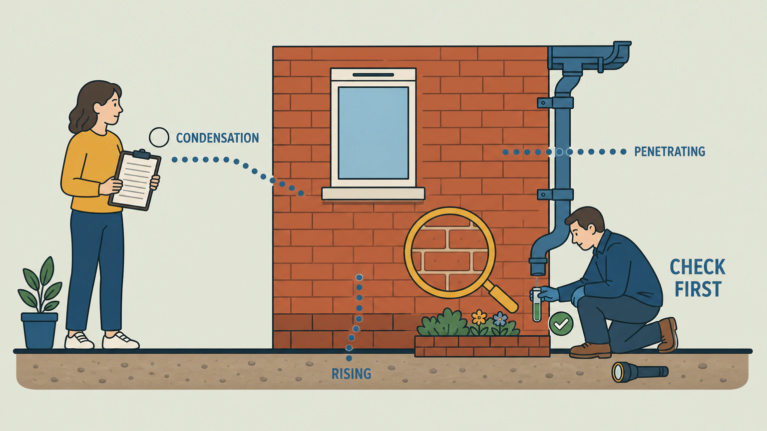 Flat vector illustration of a cutaway house wall on a ground line, with a homeowner holding a clipboard on the left and a surveyor kneeling at the base of the wall taking a sample on the right. Three dotted blue routes converge on the wall: one rising from below the ground line, one arriving through a downpipe outside, and one drifting from the room air. A magnifier hovers over the brick courses at the wall base, beside a raised garden bed that bridges them, and short labels read RISING, PENETRATING, CONDENSATION and CHECK FIRST.