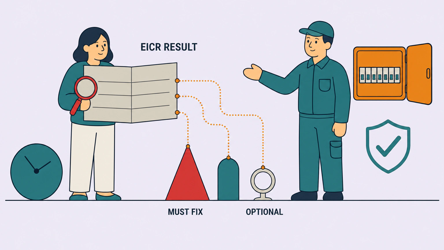 A homeowner holding an open electrical condition report with a magnifier, and an electrician beside an open consumer unit, with dotted lines running from three rows of the report to three markers on the floor labelled must fix and optional.