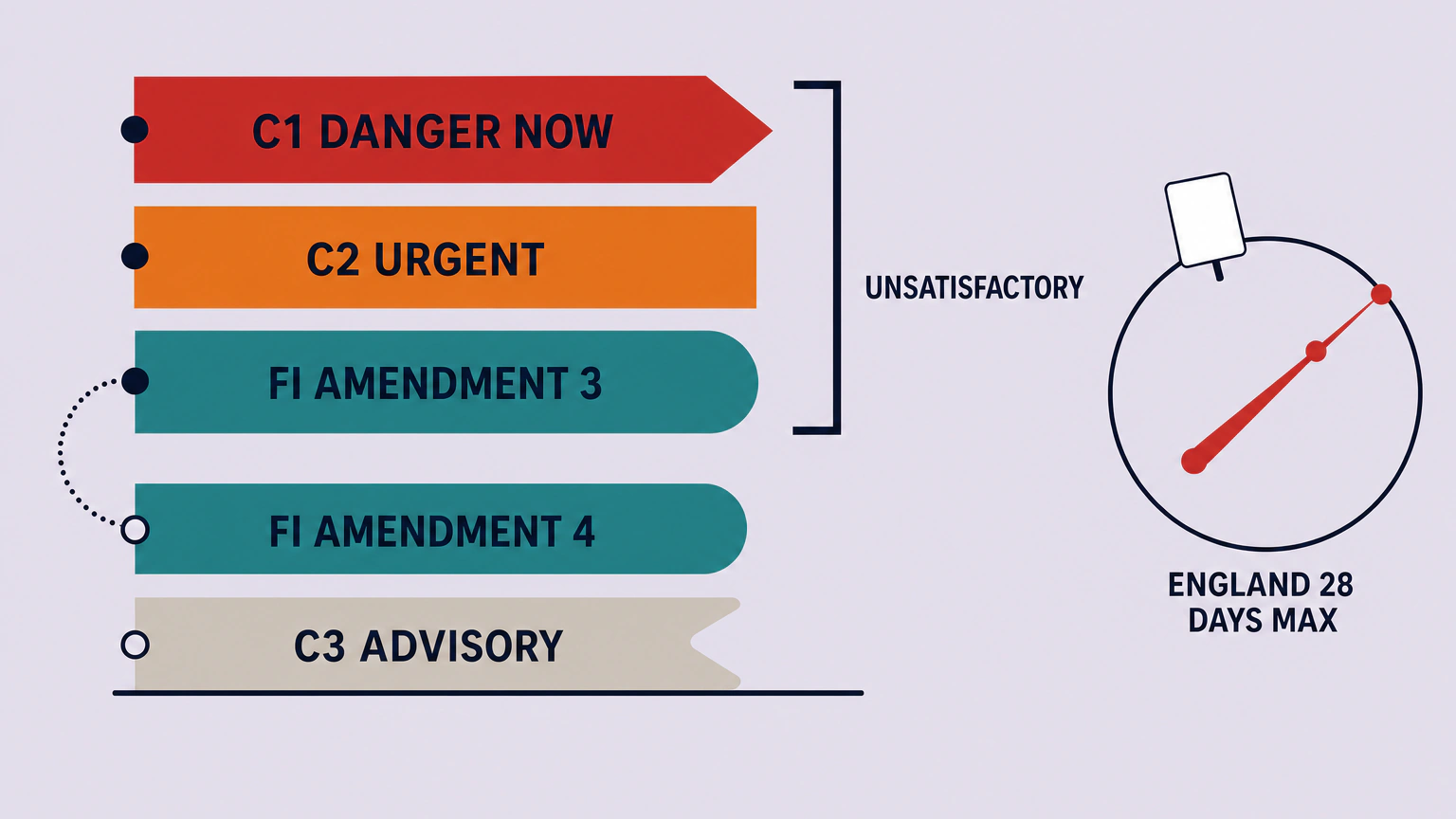 Four coloured bands labelled C1 danger now, C2 urgent, FI edition-dependent and C3 advisory, with C1 and C2 grouped as unsatisfactory, FI shown as unsatisfactory under Amendment 3 but advisory under Amendment 4, and a dial stating England: from the inspection date, 28 days or a shorter report period.