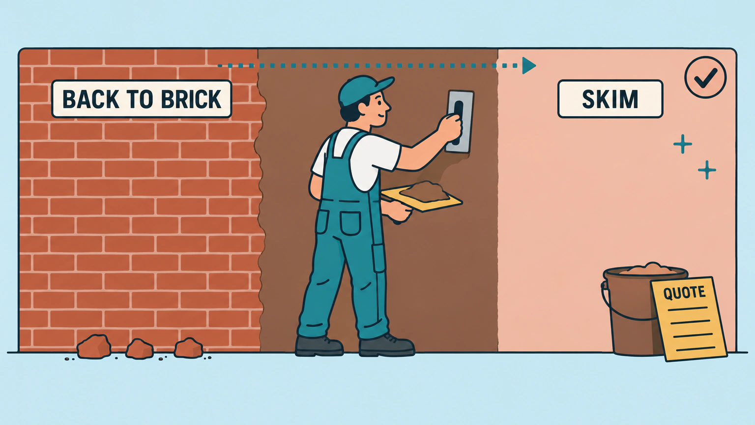 A plasterer working across one wall that changes from bare brick on the left, through dark wet plaster, to a smooth pale pink skim on the right, with a quote sheet propped against a bucket.