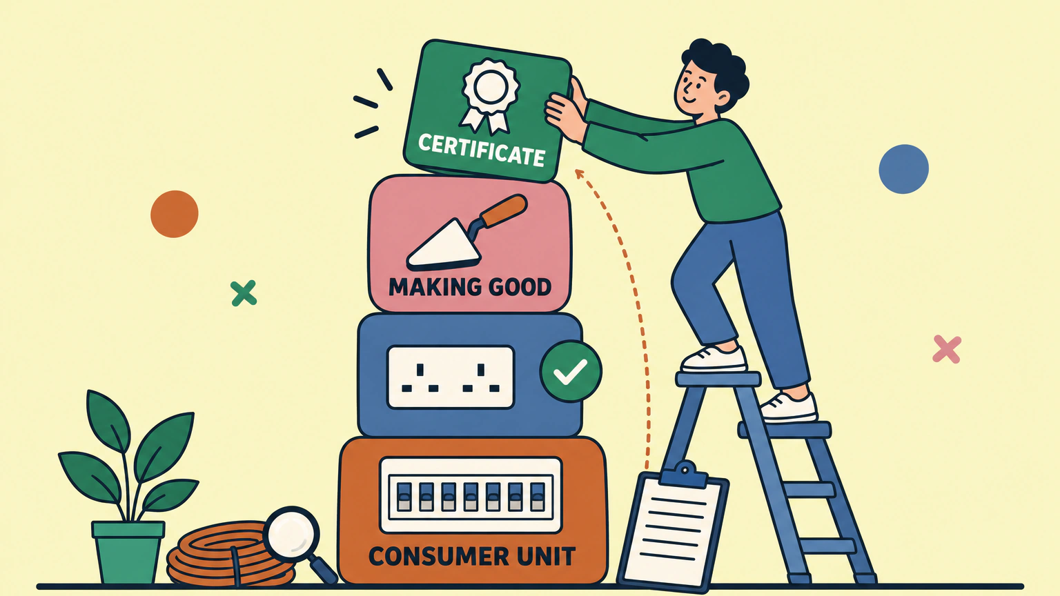 A homeowner on a stepladder places a certificate block on top of a stack of blocks for the consumer unit, sockets and making good, showing the parts a rewire quote should include.