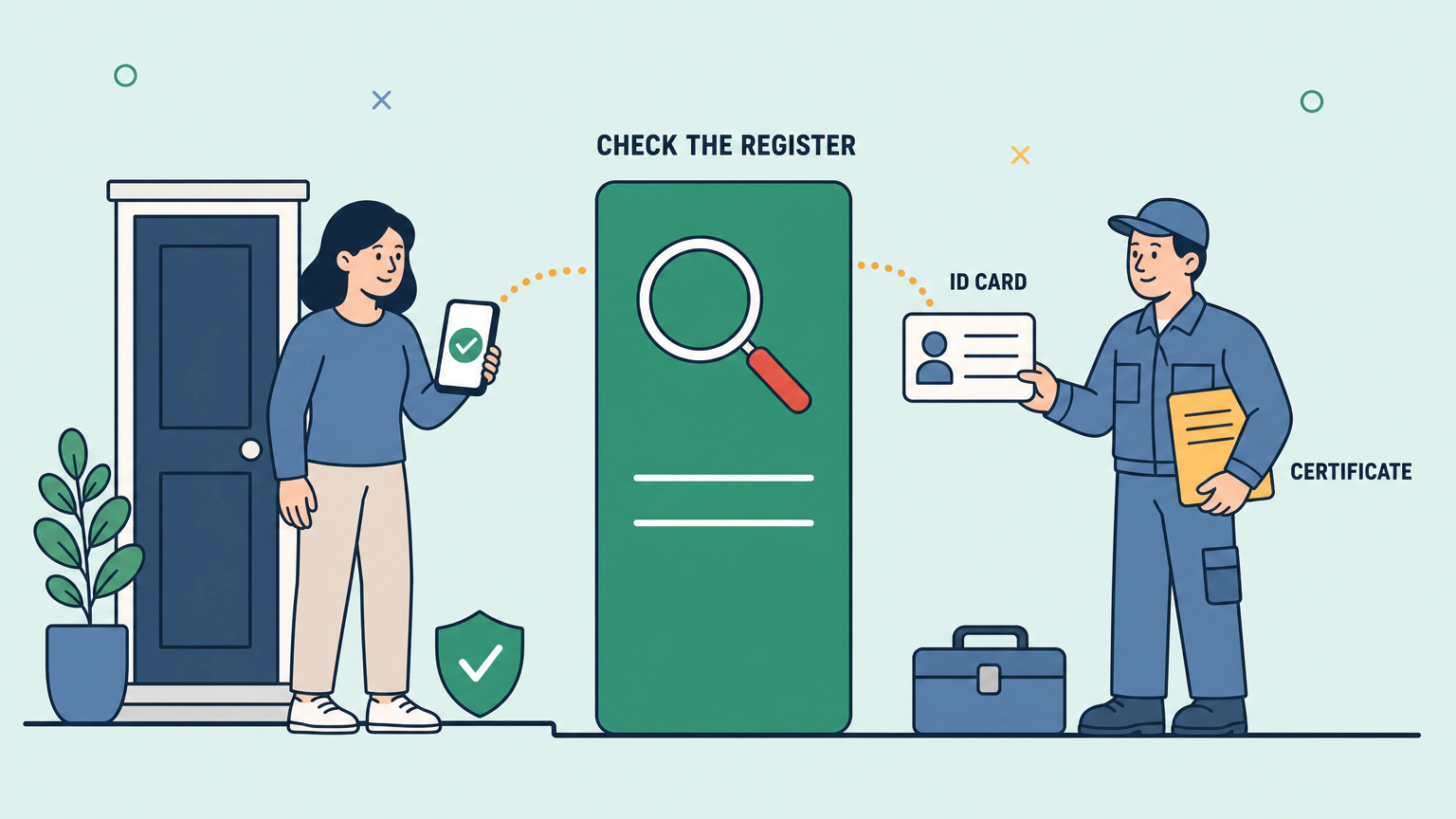 Flat illustration of a homeowner standing at their front door checking a tradesperson's identity card against an official register on their phone, with a shield, a certificate and a large search panel behind them.
