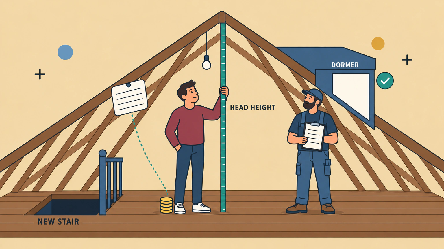 Inside a bare loft framed by two sloping roof planes, a homeowner holds a tape measure from the floorboards up to the ridge, a builder with a clipboard stands under a new box dormer, and an opening for a new stair is cut into the floor.
