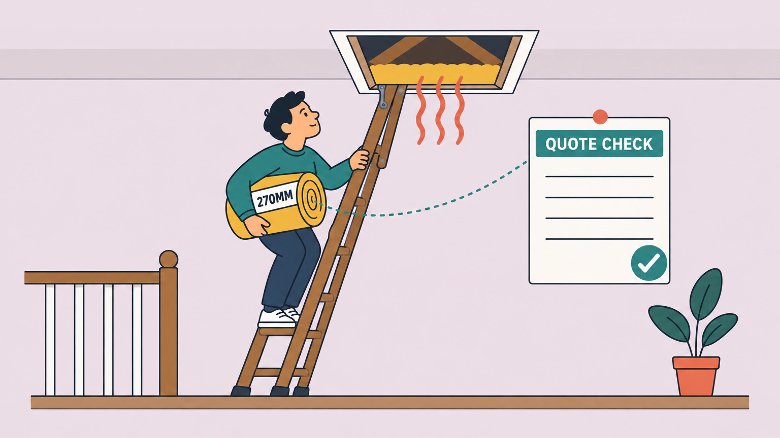 Flat illustration of a homeowner climbing a folding loft ladder towards an open hatch lined with gold insulation, carrying an insulation roll labelled 270MM, with three wavy heat lines rising into the loft and a dotted line linking the roll to a card pinned on the landing wall headed QUOTE CHECK with a tick badge.