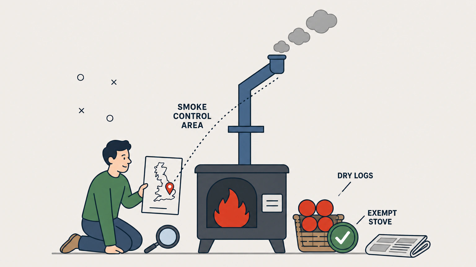 Flat vector illustration of a homeowner kneeling beside a wood burning stove and holding up a small map with a single location pin, while the stove's flue rises past a wall section to a chimney pot letting out three plain clouds of smoke. A log basket with a certification badge sits on the hearth and a blank data plate is fixed to the side of the stove.