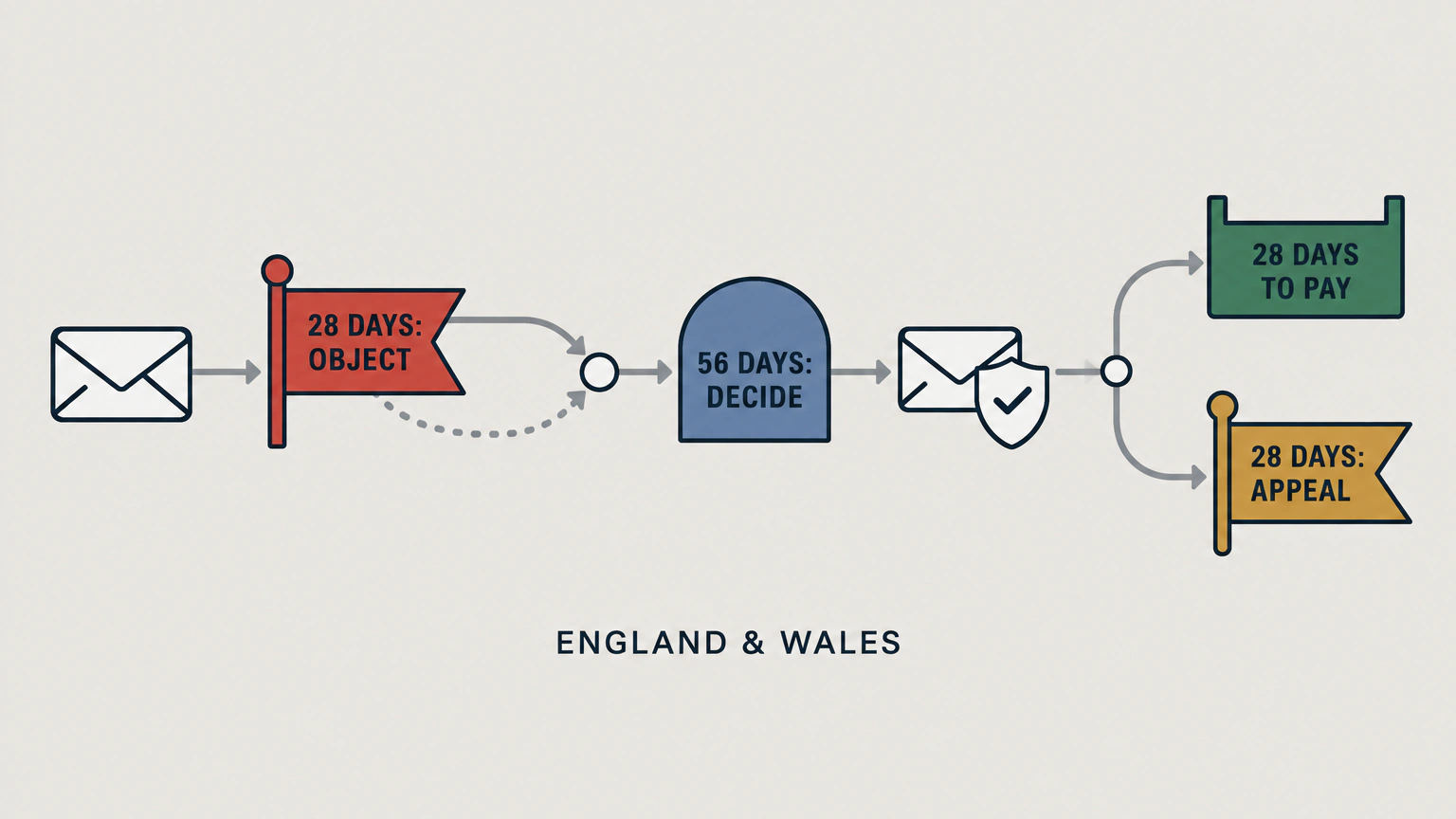 Flat vector infographic showing an England and Wales smoke-penalty timeline. A 28-day window follows the notice of intent, and the 56-day council decision period starts according to whether an objection is made. From the final notice, two parallel branches each run for 28 days, one to pay and one to appeal.