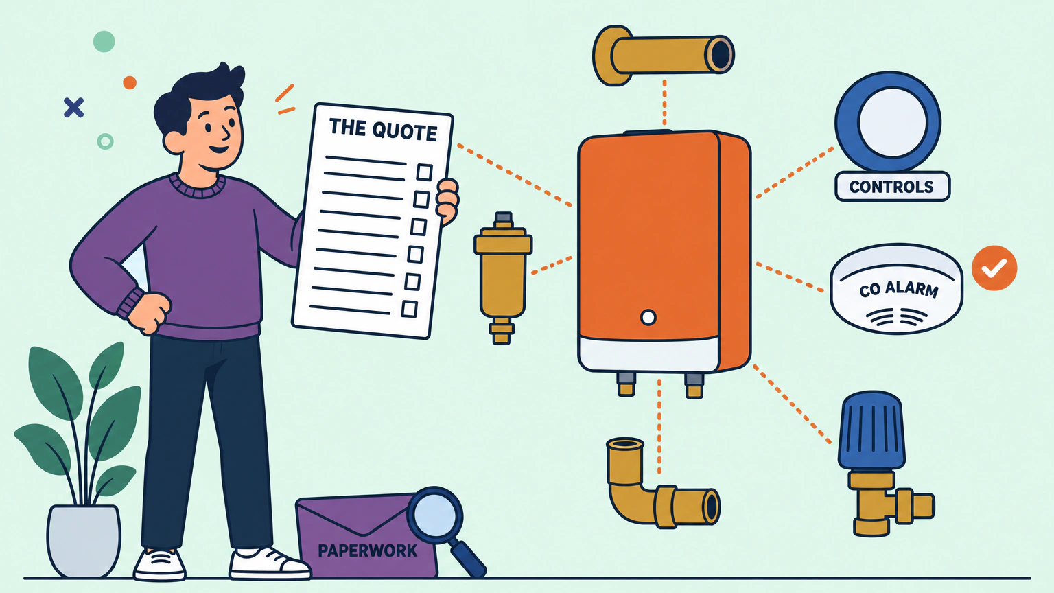 A homeowner in a purple jumper holds up a long checklist headed THE QUOTE and points at its empty tick boxes. Dotted lines link an orange wall-hung boiler to a brass flue pipe, a filter, an elbow pipe, a round thermostat labelled CONTROLS, a radiator valve and a ceiling alarm labelled CO ALARM with a green tick beside it. An envelope marked PAPERWORK and a magnifying glass rest on the floor by the homeowner's feet.