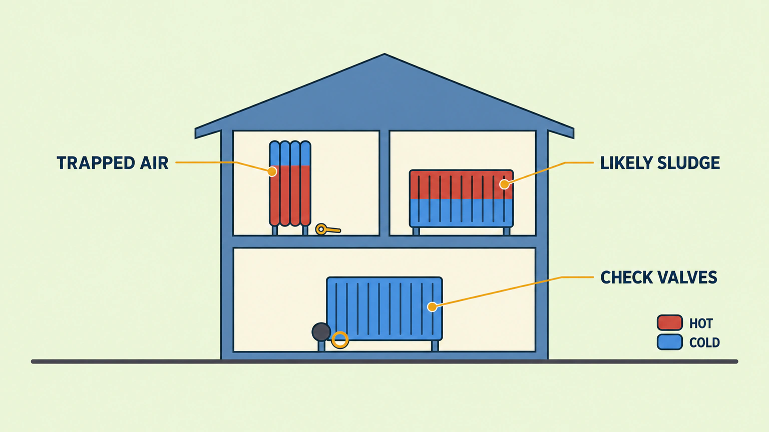 Cutaway of a two-storey house showing three radiators: one cold across the top, labelled trapped air; one cold across the bottom, labelled likely sludge; and one cold all over, labelled check valves, with a key showing red for hot and blue for cold.