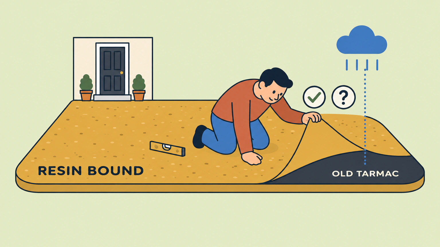 A homeowner lifts the corner of a new resin bound driveway to see the old tarmac left underneath, with rain falling on the drive.