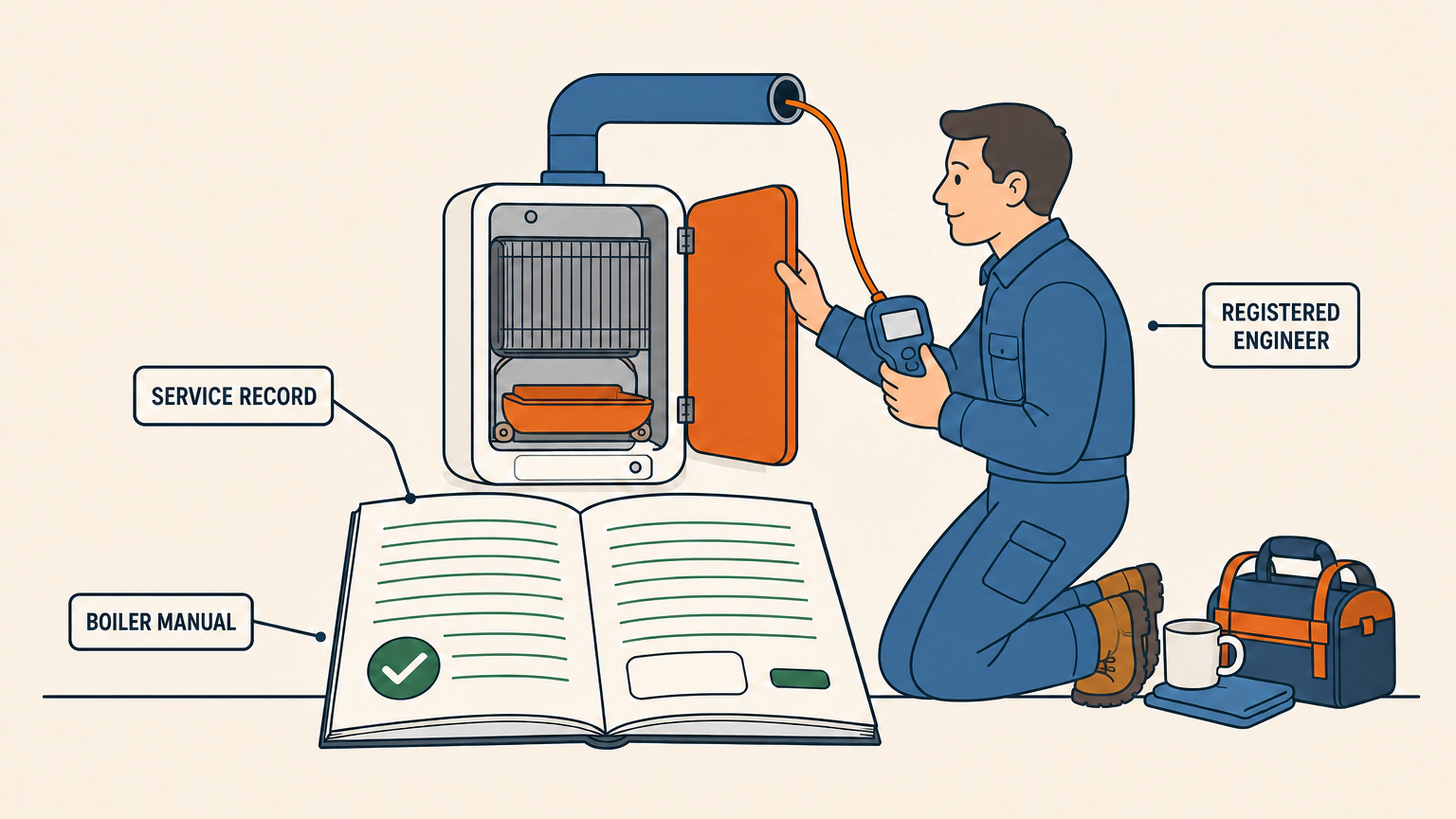 Flat illustration of a wide boiler manual lying open with blank ruled lines and an empty signature box, a wall-mounted boiler behind it with its front cover swung open to show the burner tray and heat exchanger, and a kneeling engineer in overalls holding a handheld gauge whose probe lead curves up into the flue pipe.