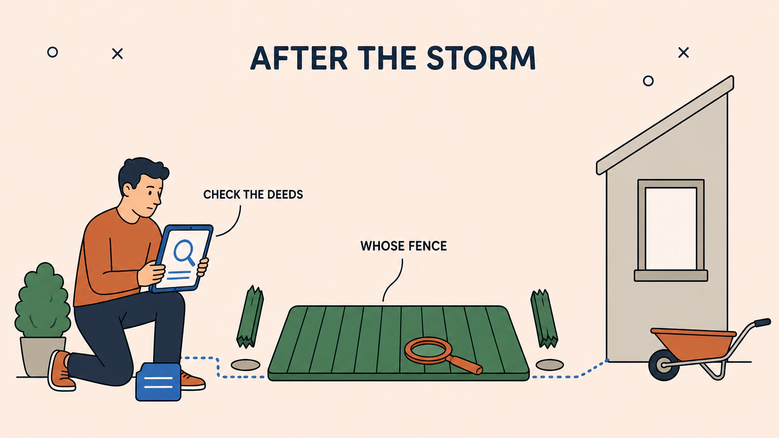 Flat illustration of a homeowner kneeling in a garden beside a toppled timber fence panel with its posts snapped off, holding a tablet showing a magnifier and blank ruled lines, with a dotted line running along the ground through the gap to a house wall. Labels read AFTER THE STORM, WHOSE FENCE and CHECK THE DEEDS.