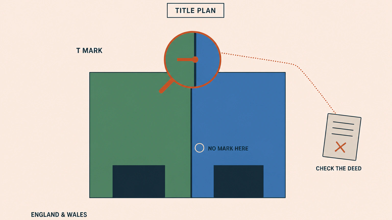 Flat overhead illustration of a title plan showing two neighbouring garden plots in green and blue with a single heavy boundary line between them. A magnifier enlarges a T mark whose crossbar sits on the line and whose stem runs into the left-hand plot, a bare stretch of the same line is marked with a small open ring, and a dotted line leads to a document card. Labels read TITLE PLAN, T MARK, NO MARK HERE, CHECK THE DEED and ENGLAND & WALES.